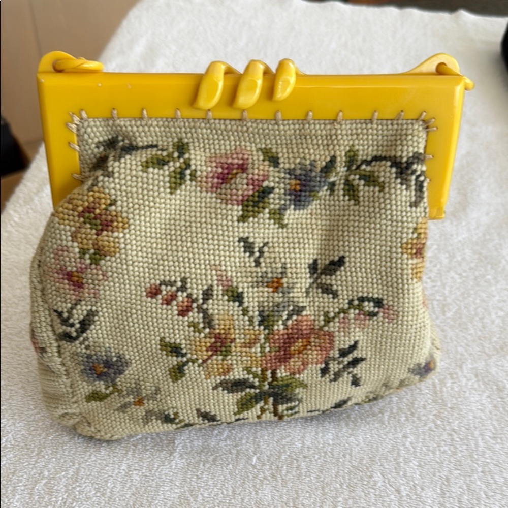 Floral Tapestry Clutch with Yellow Frame